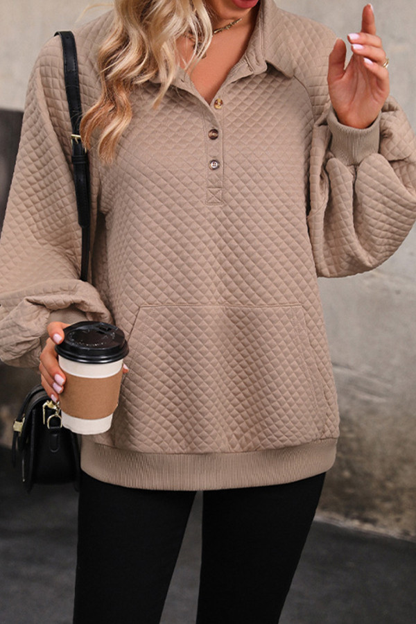 Brown Turn Down Collar Button Sweatshirt