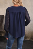 Navy V Neck Puff Jacquard Mesh Sleeves Blouse