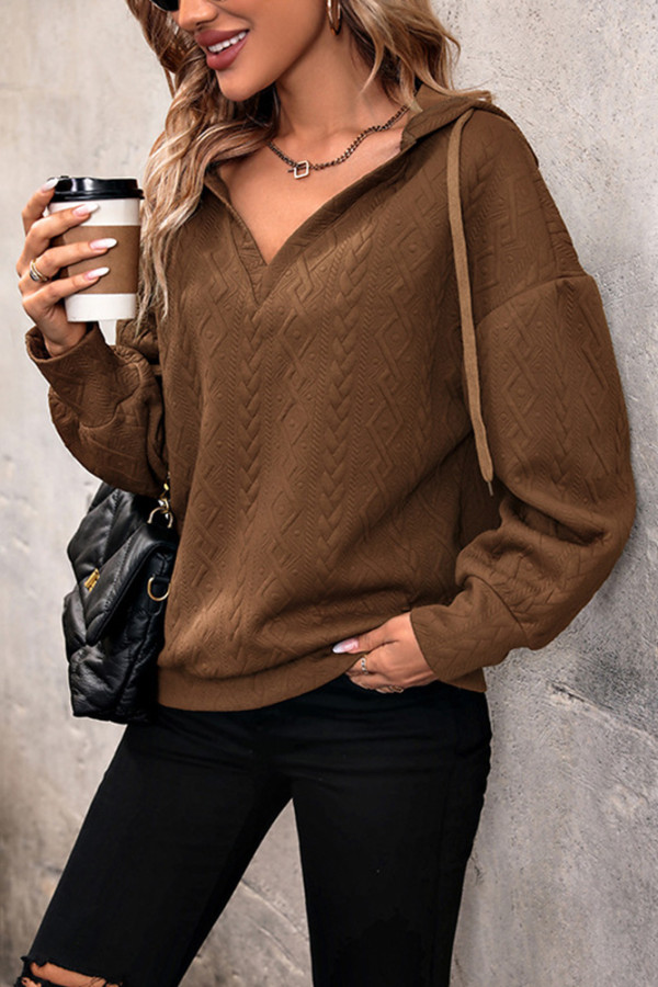 Brown Hooded Drawstring Cable Sweatshirt