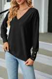 Plain Jacquard V Neck Button Cuff Long Sleeves Top