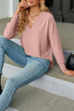 Plain Jacquard V Neck Button Cuff Long Sleeves Top