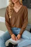 Plain Jacquard V Neck Button Cuff Long Sleeves Top