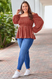 Red Plus Size Square Neck Printed Peplum Top