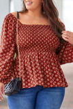 Red Plus Size Square Neck Printed Peplum Top