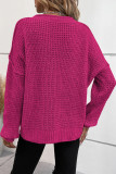 Rose Red Pointelle Knit Button V Neck Drop Shoulder Sweater