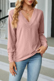 Plain Jacquard V Neck Button Cuff Long Sleeves Top