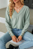 Plain Jacquard V Neck Button Cuff Long Sleeves Top