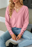 Plain Jacquard V Neck Button Cuff Long Sleeves Top