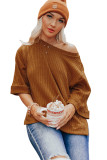 Gold Flame Ribbed Knit Three Quarter Sleeve T Shirt