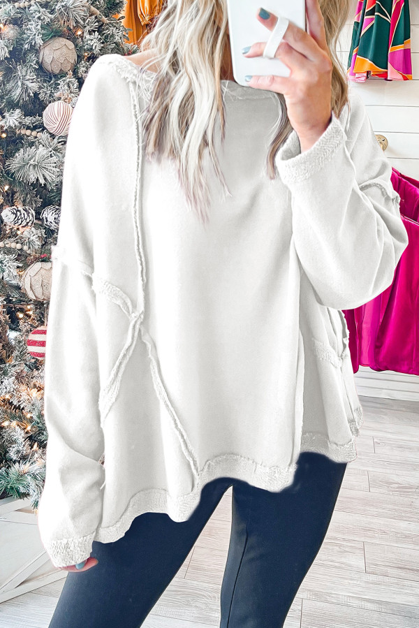 White Exposed Seam Drop Shoulder Raw Hem Oversized Sweatshirt