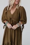 Green Tie Puff Sleeve Empire Waist Flared Dress