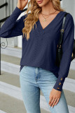 Plain Jacquard V Neck Button Cuff Long Sleeves Top