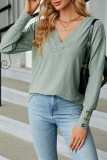 Plain Jacquard V Neck Button Cuff Long Sleeves Top