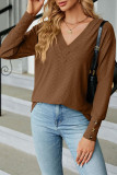 Plain Jacquard V Neck Button Cuff Long Sleeves Top