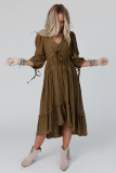 Green Tie Puff Sleeve Empire Waist Flared Dress