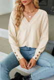 Plain Jacquard V Neck Button Cuff Long Sleeves Top