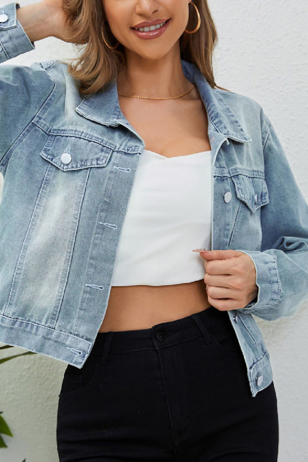 Lt Blue Washed Buttton Crop Denim Jacket