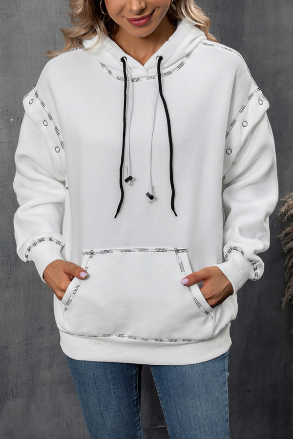 White Hooded Drawstring Kangaroo Pockets Sweatshirt