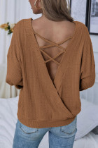 Brown Backless Waffle Knit Long Sleeves Top