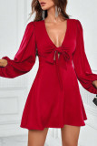 Red Deep V Front Tie Flare Dress