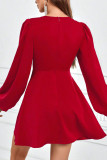 Red Deep V Front Tie Flare Dress