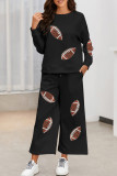 Black Textured Sequined Rugby Graphic Wide Leg Pants Set