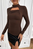 Coffee High Collar Cut Out Long Sleeves Top
