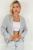 Gray Ribbed Trim Chunky Knit Sweater Cardigan