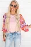 Light Pink Floral Print Balloon Sleeves Crew Neck Blouse
