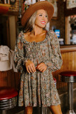 Multicolour Floral Long Sleeve Frilled U-Neck Ruffled Dress