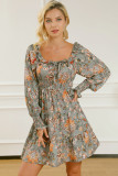 Multicolour Floral Long Sleeve Frilled U-Neck Ruffled Dress