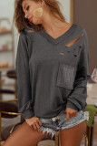 Gray Distressed V Neck Patch Pocket Long Sleeve Top