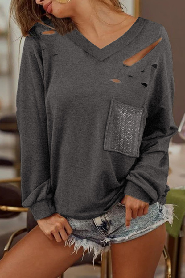 Gray Distressed V Neck Patch Pocket Long Sleeve Top