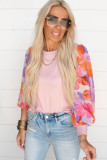 Light Pink Floral Print Balloon Sleeves Crew Neck Blouse