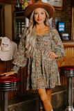Multicolour Floral Long Sleeve Frilled U-Neck Ruffled Dress