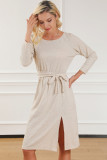 Beige Knotted Waist Side Split Open Back Midi Dress
