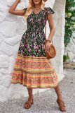 V Neck Floral Splicing Boho Dress
