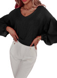 Black Waffle Knit Balloon Sleeve Splicing V Neck Top