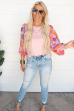 Light Pink Floral Print Balloon Sleeves Crew Neck Blouse