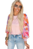 Light Pink Floral Print Balloon Sleeves Crew Neck Blouse