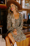 Multicolour Floral Long Sleeve Frilled U-Neck Ruffled Dress