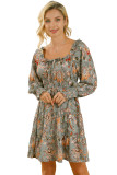 Multicolour Floral Long Sleeve Frilled U-Neck Ruffled Dress