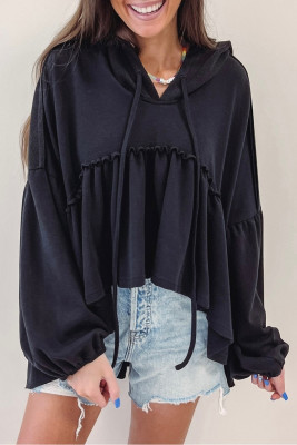 Black Oversized Ruffled High Low Hem Drop Shoulder Hoodie