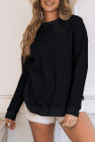 Black Crew Neck Ribbed Trim Waffle Knit Top