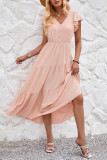 Plain V Neck Button Ruffles Sleeves Maxi Dress