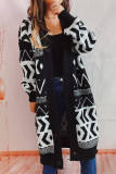 Geometric Knit Open Button Long Length Cardigan