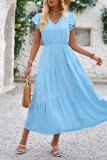 Plain V Neck Button Ruffles Sleeves Maxi Dress