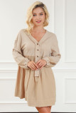 Khaki Waffle Crinkle Patchwork Raw Seam Mini Dress