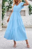 Plain V Neck Button Ruffles Sleeves Maxi Dress