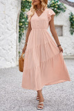 Plain V Neck Button Ruffles Sleeves Maxi Dress